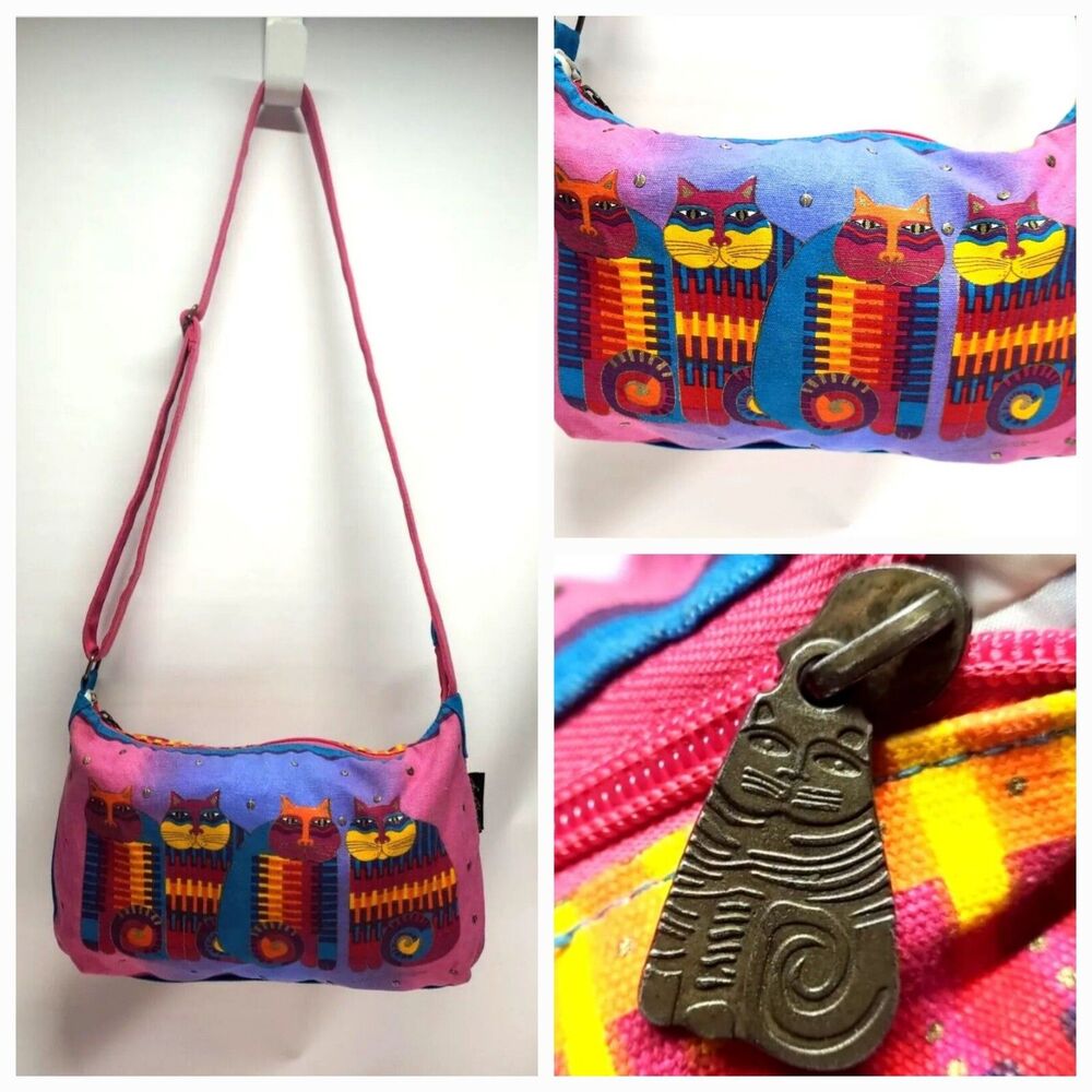 Laurel Burch Canvas crossbody Cats purse 15" Vibrant Colorful Sequin‎ Bag